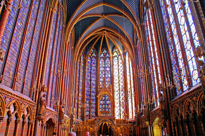 Interior view of the upper chapel of the Sainte Chapel in Paris, constructed in 1248, and a perfect example of how architectural technology had overcome the technical challenges of creating light, airy buildings by the this period.